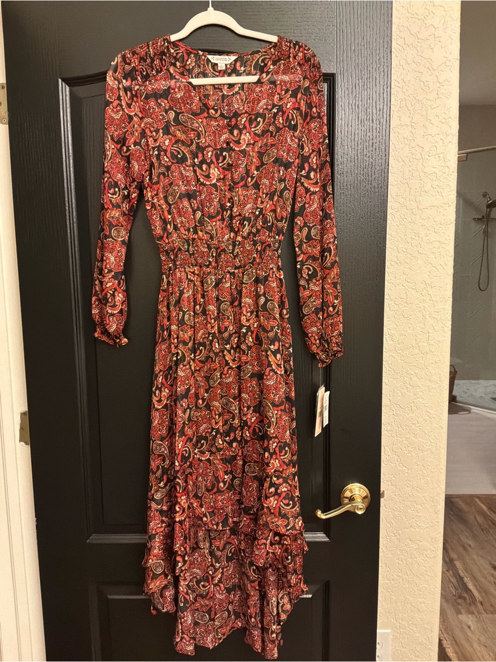 Women’s Paisley Long Sleeve Midi Dress in Rust and Black